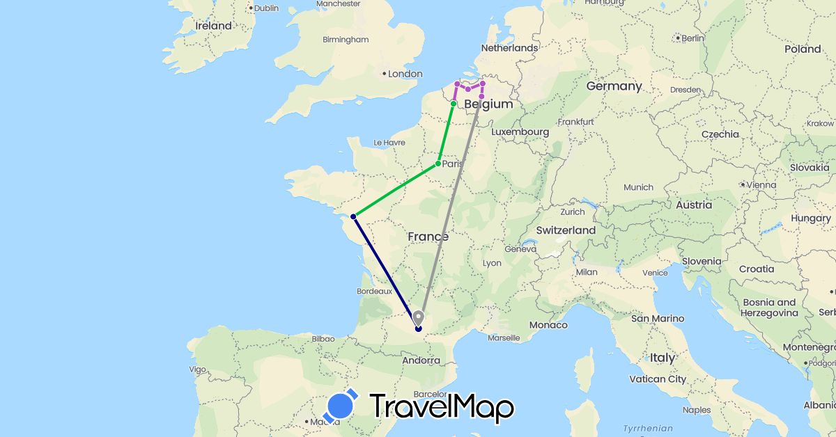 TravelMap itinerary: driving, bus, plane, train in Belgium, France (Europe)