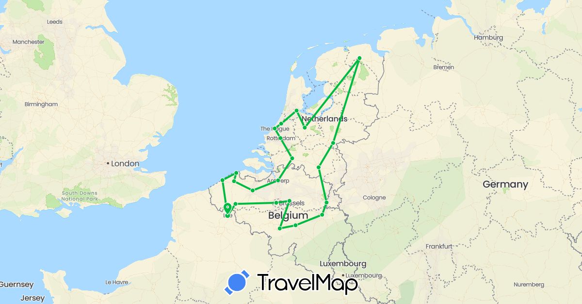 TravelMap itinerary: driving, bus in Belgium, France, Netherlands (Europe)
