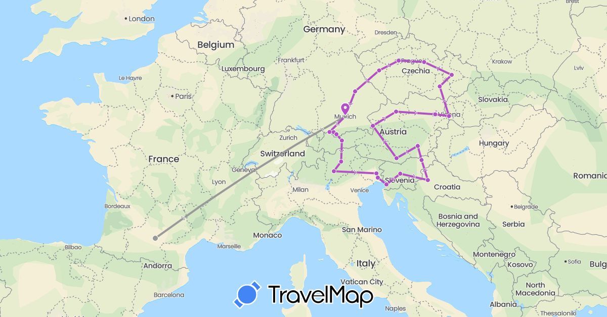 TravelMap itinerary: driving, plane, train in Austria, Czech Republic, Germany, France, Croatia, Italy, Slovenia, Slovakia (Europe)