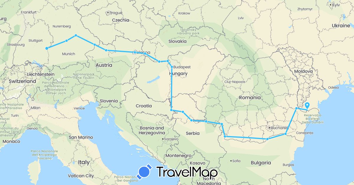 TravelMap itinerary: driving, boat in Austria, Bulgaria, Germany, Croatia, Hungary, Romania, Serbia, Slovakia, Ukraine (Europe)