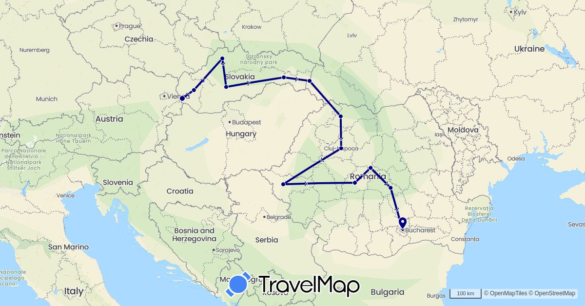TravelMap itinerary: driving in Romania, Slovakia, Ukraine (Europe)