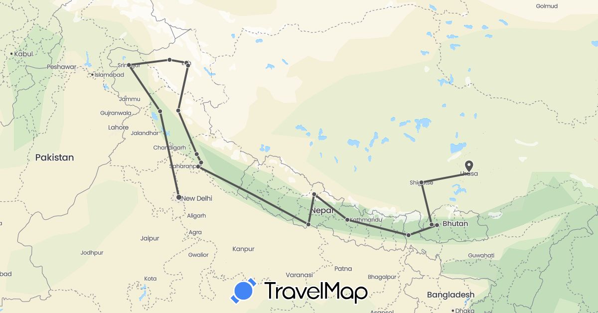 TravelMap itinerary: motorbike in Bhutan, China, India, Nepal (Asia)