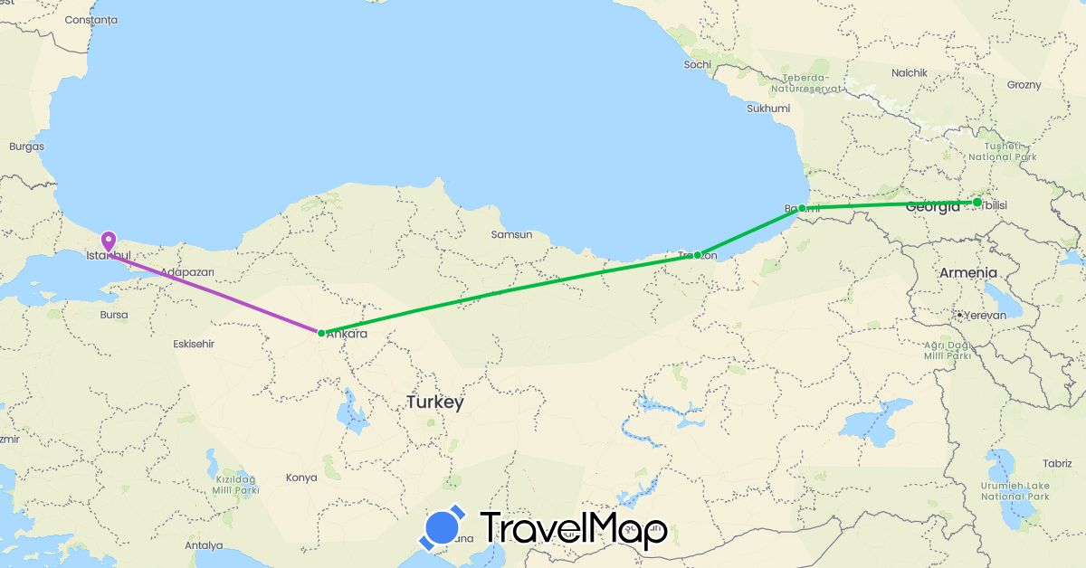 TravelMap itinerary: driving, bus, train in Georgia, Turkey (Asia)